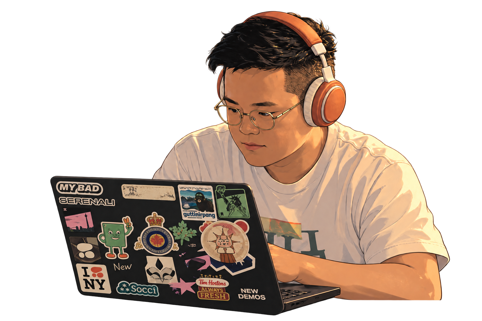 Ivan in round glasses and headphones, using his heavily stickered laptop.