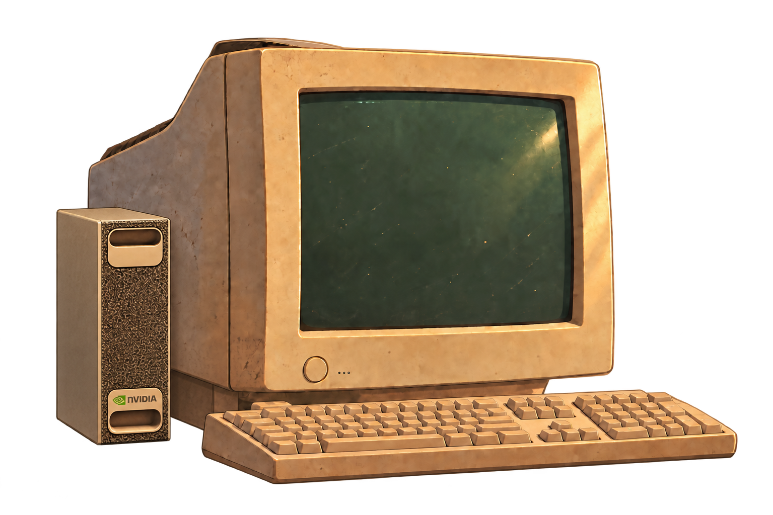 A beige CRT monitor and keyboard beside an NVIDIA DGX Spark.